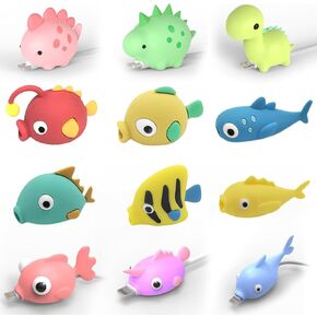 Axanbox 3D Cartoon Animal Cute Cable Protector Charger Cord Protector Charger Protector Cable Bites Charger Cord Saver for iPhone Charger ipad (Fishes+Dinosaurs-12PCS) in Kuwait
