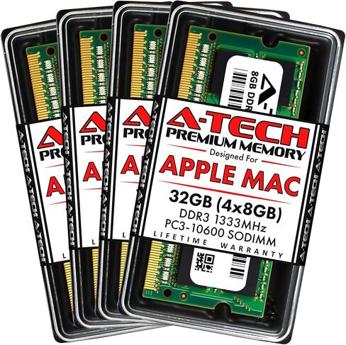 ذاكرة وصول عشوائي A-Tech سعة 32 جيجابايت (4 × 8 جيجابايت) لجهاز Apple iMac (منتصف 2010 مقاس 27 بوصة رباعي النواة، ومنتصف 2011 21.5/27 بوصة) | مجموعة ترقية ذاكرة DDR3 1333 ميجا هرتز PC3-10600 204-Pin SODIMM in Kuwait