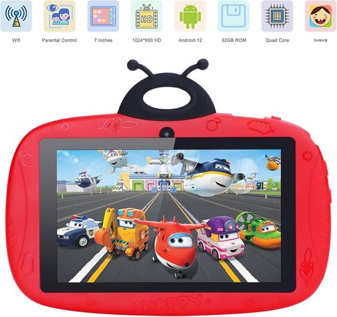 Toddler Tablet，7 Inch Android 12 Kids Tablets, Red 32GB Storage, 2MP+5MP Dual Cameras, Cute Educational Learning Childs Tablette Enfant for Boys Girls in Kuwait
