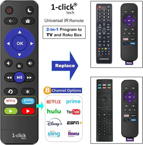 جهاز تحكم IKUTV 1-clicktech لأجهزة تلفزيون Roku [TCL/Hisense/ONN/Sanyo، إلخ.] ومشغلات Roku Express Premiere Ultra [2 في 1 مع طاقة التلفزيون + مستوى الصوت] [ليس لـ ROKU Stick] in Kuwait