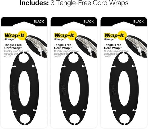 غلاف سلك خالٍ من التشابك للتخزين من Wrap-It - أسود (3 عبوات) - حامل سماعات الأذن، غلاف سلك سماعة الرأس، غلاف سماعات الأذن، مدير السلك، حامل هاتف الأذن، لفاف كابل سماعة الرأس، منظم سماعات الأذن in Kuwait