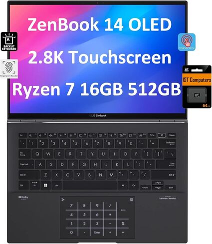 Asus ZenBook 14 OLED UM3402 14/inch QHD+ Touchscreen(AMD Ryzen 7-5825U,16GB RAM,512GB SSD,8-Core(Beat i7-1165G7))Business Laptop,Backlit,Fingerprint,19-Hr Battery,IST SD Card,Win 11 Home - 2023 Black in Saudi Arabia