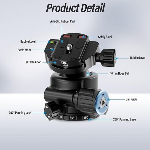 SIRUI AM-40 Low Gravity Ball Head, Aluminium Professional Tripod Head with 40mm Huge Ball,360° Panning Base,Bubble Level, QR Plate, Load up 88lbs/40KG in Kuwait