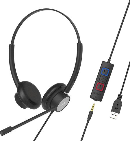 TELLUR Voice 420 Professional Headphones, ENC - Environmental Noise Cancellation, Binaural, USB, 3.5mm Jack, Type C, In Line Remote Keys for Answer, Volume and Mute Microphone, Office & CallCenter, Bk in Kuwait