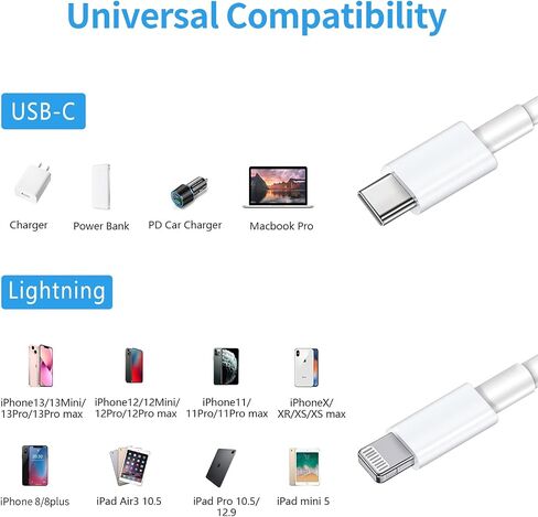 Ximytec [معتمد من MFi] كابل USB C إلى Lightning 3 حزم 6FT iPhone كابل شاحن سريع من النوع C سلك شحن متوافق مع iPhone 14 13 13 Pro Max 12 12 Pro Max 11 XS XR X 8 iPad، أبيض in Kuwait