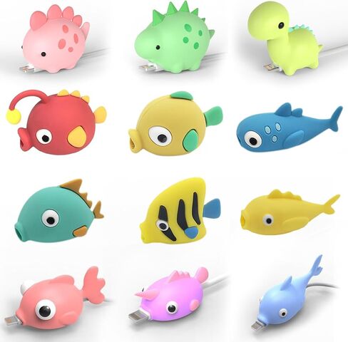 Axanbox 3D Cartoon Animal Cute Cable Protector Charger Cord Protector Charger Protector Cable Bites Charger Cord Saver for iPhone Charger ipad (Fishes+Dinosaurs-12PCS) in Kuwait