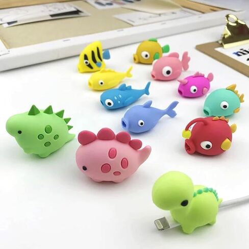 Axanbox 3D Cartoon Animal Cute Cable Protector Charger Cord Protector Charger Protector Cable Bites Charger Cord Saver for iPhone Charger ipad (Fishes+Dinosaurs-12PCS) in Kuwait