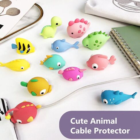 Axanbox 3D Cartoon Animal Cute Cable Protector Charger Cord Protector Charger Protector Cable Bites Charger Cord Saver for iPhone Charger ipad (Fishes+Dinosaurs-12PCS) in Kuwait