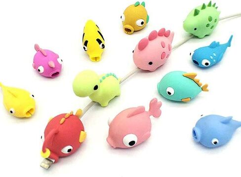 Axanbox 3D Cartoon Animal Cute Cable Protector Charger Cord Protector Charger Protector Cable Bites Charger Cord Saver for iPhone Charger ipad (Fishes+Dinosaurs-12PCS) in Kuwait