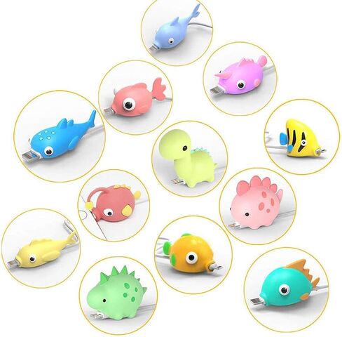 Axanbox 3D Cartoon Animal Cute Cable Protector Charger Cord Protector Charger Protector Cable Bites Charger Cord Saver for iPhone Charger ipad (Fishes+Dinosaurs-12PCS) in Kuwait