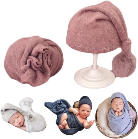 Zeroest Newborn Photo Props Blanket Set Photography for Babies Stretch Wrap Baby Boy Girl Photo Shoot Cloth Hat Outfits (Cocoa) in Saudi Arabia