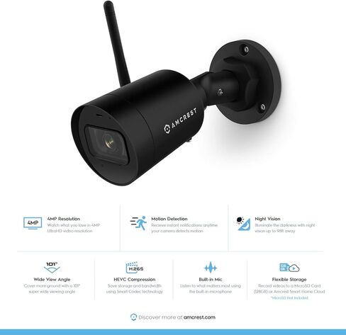 كاميرا Amcrest SmartHome 4MP خارجية واي فاي، كاميرا أمان خارجية 4 ميجابكسل، رؤية ليلية 98 قدمًا، ميكروفون مدمج، 101 درجة FOV، عدسة 2.8 مم، تخزين MicroSD، ASH42-B-V2 (أسود) (متجدد) in Kuwait