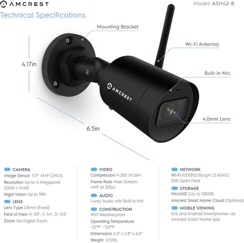 كاميرا Amcrest SmartHome 4MP خارجية واي فاي، كاميرا أمان خارجية 4 ميجابكسل، رؤية ليلية 98 قدمًا، ميكروفون مدمج، 101 درجة FOV، عدسة 2.8 مم، تخزين MicroSD، ASH42-B-V2 (أسود) (متجدد) in Kuwait