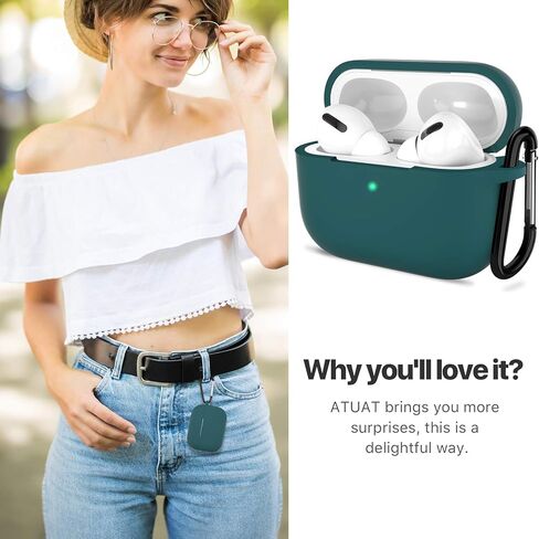 غطاء حافظة ATUAT AirPods Pro الجيل الأول/الثاني، ملحقات جلدية واقية من السيليكون مع سلسلة مفاتيح للنساء والرجال لحقيبة شحن Apple AirPods Pro 2019/2022، مصباح أمامي مرئي - أخضر منتصف الليل in Kuwait