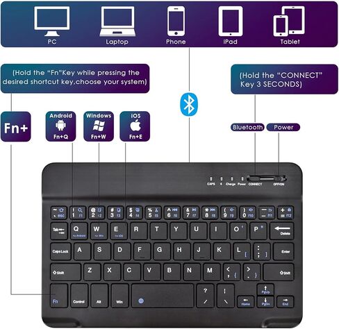 DETUOSI Universal 7-8 inch Wireless Keyboard, Multi-Device Travel Portable Ultrathin (6mm) Lightweight Wireless Keyboard for iOS/Android/Windows Tablet, Computer and Phone #Black in Saudi Arabia