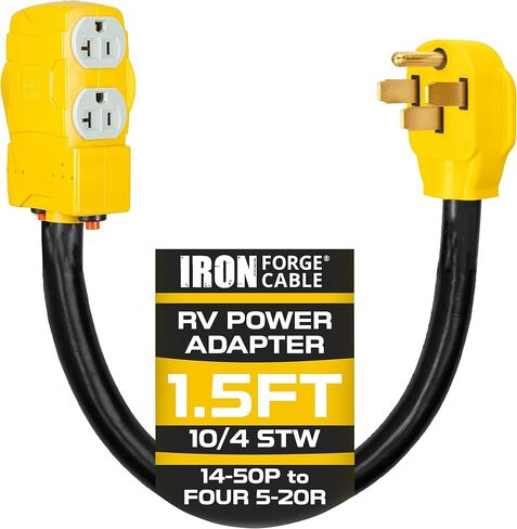 Iron Forge Cable 50 Amp to 20 Amp RV Electrical Adapter Power Cord, 1.5 Ft - 10/4 STW 14-50P Male Plug to 4 5-20R Female Receptacles in Kuwait