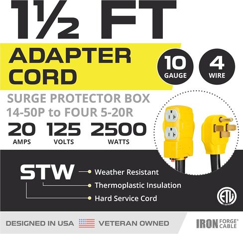 Iron Forge Cable 50 Amp to 20 Amp RV Electrical Adapter Power Cord, 1.5 Ft - 10/4 STW 14-50P Male Plug to 4 5-20R Female Receptacles in Kuwait