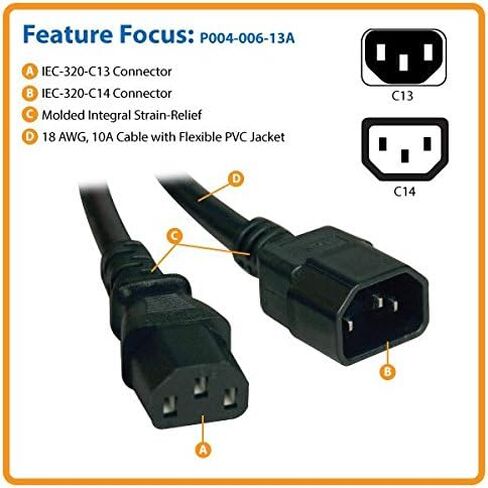 تريب لايت سلك تمديد طاقة الكمبيوتر 13 أمبير، 16AWG (IEC-320-C14 إلى IEC-320-C13) 2 قدم (P004-002-13A) in Kuwait
