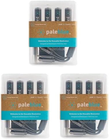 USB Rechargeable AAA Batteries by Pale Blue, Lithium Ion 1.5v 600 mAh, Charges Under 1 Hour, Over 1000 Cycles, 4-in-1 USB-A to USB-C Charging Cable, LED Charge Indicator, 12-Pack in Saudi Arabia