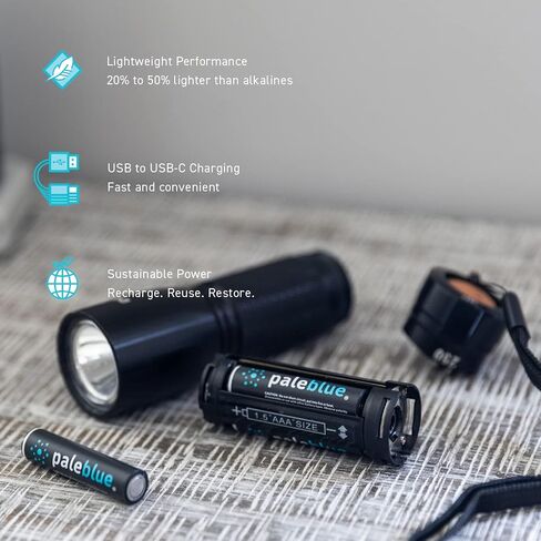 USB Rechargeable AAA Batteries by Pale Blue, Lithium Ion 1.5v 600 mAh, Charges Under 1 Hour, Over 1000 Cycles, 4-in-1 USB-A to USB-C Charging Cable, LED Charge Indicator, 12-Pack in Saudi Arabia