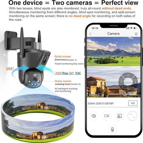 Ctronics 【ربط العدسات المزدوجة】 كاميرا أمان خارجية، كاميرا أمان PTZ سلكية 2,4/5 جيجا هرتز واي فاي، شاشة مزدوجة، كاميرا مزدوجة 1080 بكسل مع تتبع تلقائي للكشف عن الإنسان، رؤية ليلية ملونة 30 مترًا، أسود in Kuwait