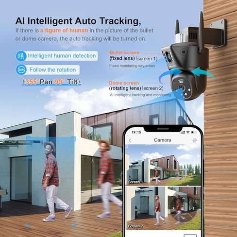 Ctronics 【ربط العدسات المزدوجة】 كاميرا أمان خارجية، كاميرا أمان PTZ سلكية 2,4/5 جيجا هرتز واي فاي، شاشة مزدوجة، كاميرا مزدوجة 1080 بكسل مع تتبع تلقائي للكشف عن الإنسان، رؤية ليلية ملونة 30 مترًا، أسود in Kuwait