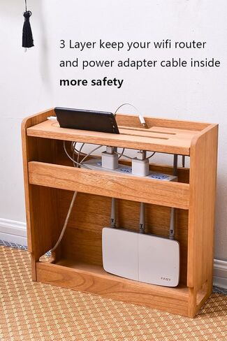 KIRIGEN Wooden WiFi Router Storage Box, 3-Tier Cable Organizer, Brown in Kuwait