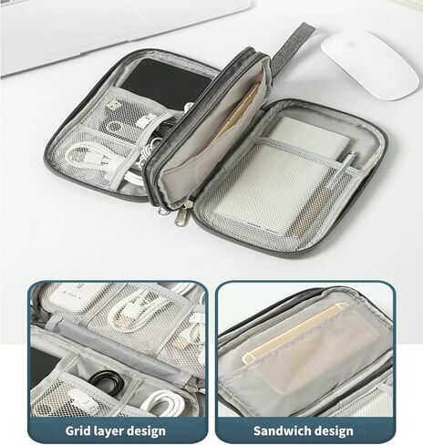 منظم إلكتروني من هوفنوغشوين، حقيبة منظم كابلات السفر للسفر الكل في واحد، حقيبة تخزين مزدوجة الطبقات، حقيبة حمل للكابل/السلك/الشاحن/الهاتف/بطاقة SD/سماعة الأذن (رمادي) in Kuwait