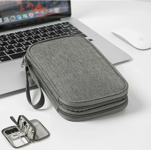 منظم إلكتروني من هوفنوغشوين، حقيبة منظم كابلات السفر للسفر الكل في واحد، حقيبة تخزين مزدوجة الطبقات، حقيبة حمل للكابل/السلك/الشاحن/الهاتف/بطاقة SD/سماعة الأذن (رمادي) in Kuwait