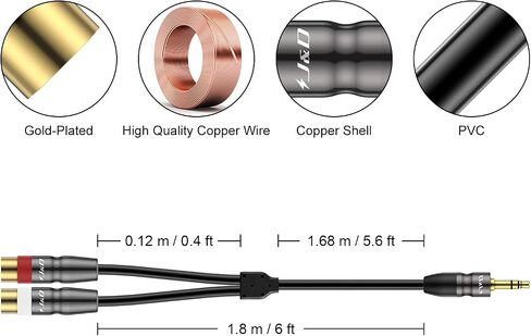J&D 3.5 mm to Dual RCA Audio Cable, Heavy Duty 3.5mm Male to 2 RCA Female Gold Plated Copper Shell Stereo Audio Adapter Cable, 1 Feet in Kuwait
