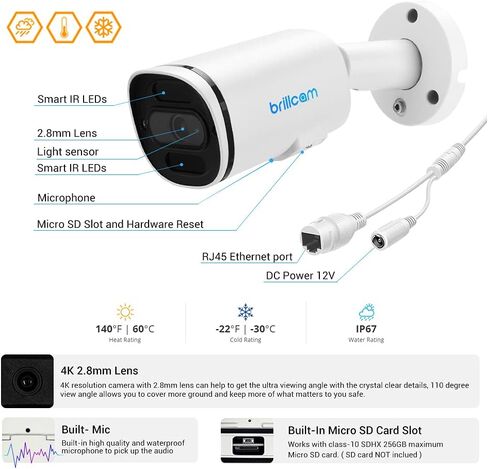 كاميرا Brillcam Ultra HD 4K للأمن في الهواء الطلق، وكاميرا Bullet PoE IP بدقة 8 ميجابكسل مع رؤية ليلية، وكاميرا عدسة 2.8 مم لأمن المنزل، والكشف الذكي عن الإنسان، وبطاقة SD صغيرة بسعة تصل إلى 256 جيجابايت، ومقاومة للماء IP67 in Kuwait