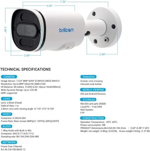 كاميرا Brillcam Ultra HD 4K للأمن في الهواء الطلق، وكاميرا Bullet PoE IP بدقة 8 ميجابكسل مع رؤية ليلية، وكاميرا عدسة 2.8 مم لأمن المنزل، والكشف الذكي عن الإنسان، وبطاقة SD صغيرة بسعة تصل إلى 256 جيجابايت، ومقاومة للماء IP67 in Kuwait