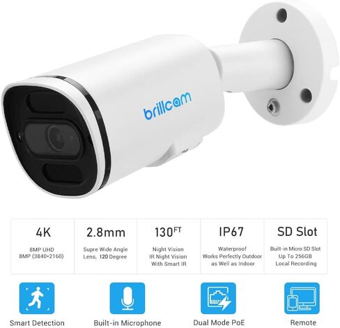 كاميرا Brillcam Ultra HD 4K للأمن في الهواء الطلق، وكاميرا Bullet PoE IP بدقة 8 ميجابكسل مع رؤية ليلية، وكاميرا عدسة 2.8 مم لأمن المنزل، والكشف الذكي عن الإنسان، وبطاقة SD صغيرة بسعة تصل إلى 256 جيجابايت، ومقاومة للماء IP67 in Kuwait