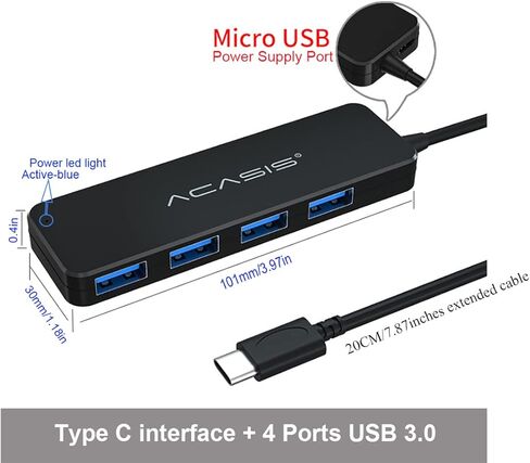 BaisDer 4 Port USB C Hub، USB C إلى USB Hub 3.0 محول متعدد المنافذ، مقسم USB من النوع C مع كابل تمديد، محور USB C صغير لأجهزة الكمبيوتر المحمول MacBook pro Notebook PC، OTG لأجهزة iPhone iPad pro Galaxy، Surface Pro in Kuwait
