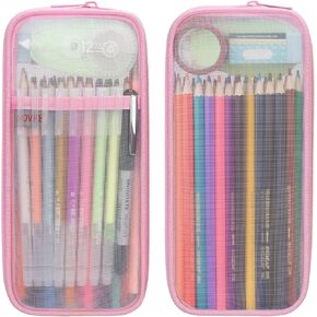 BOVKE Grid Mesh Pencil Case Pen Bag Clear Case Pen Marker Pouch School Stationery Organizer Teen Girls Boys Transparent Art Supplies Case Travel Office College Gift for Adults, Kids, Students, Pink