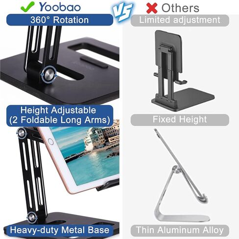 حامل حامل الكمبيوتر اللوحي Yoobao، [قابل للتعديل] حامل iPad والهاتف من الألومنيوم قابل للطي بزاوية 360 درجة للمكتب بقاعدة أثقل، مناسب لهاتف iPhone Microsoft Surface Pro مقاس 4.7 بوصة - 12.9 بوصة - أسود [مُحسن] in Kuwait