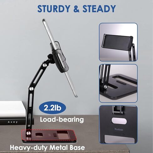 حامل حامل الكمبيوتر اللوحي Yoobao، [قابل للتعديل] حامل iPad والهاتف من الألومنيوم قابل للطي بزاوية 360 درجة للمكتب بقاعدة أثقل، مناسب لهاتف iPhone Microsoft Surface Pro مقاس 4.7 بوصة - 12.9 بوصة - أسود [مُحسن] in Kuwait