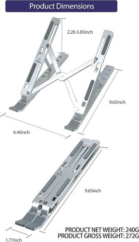 OWL K Laptop Stand for Desk, Computer Stand Adjustable Height Ergonomic Portable Aluminum Laptop Riser, Foldable Multiple 7 Angles Anti-Slip Laptop Holder Compatible with 9-15.6 inch Laptops (Silver) in Saudi Arabia