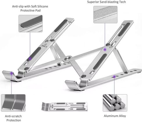 OWL K Laptop Stand for Desk, Computer Stand Adjustable Height Ergonomic Portable Aluminum Laptop Riser, Foldable Multiple 7 Angles Anti-Slip Laptop Holder Compatible with 9-15.6 inch Laptops (Silver) in Saudi Arabia