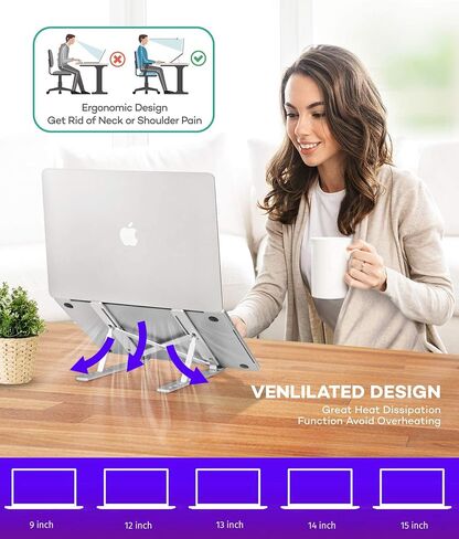 OWL K Laptop Stand for Desk, Computer Stand Adjustable Height Ergonomic Portable Aluminum Laptop Riser, Foldable Multiple 7 Angles Anti-Slip Laptop Holder Compatible with 9-15.6 inch Laptops (Silver) in Saudi Arabia