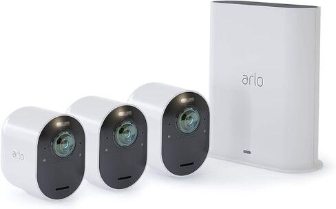 Arlo Ultra - نظام 3 كاميرات أمان بدون أسلاك بدقة 4K UHD | داخلي/خارجي مع رؤية ليلية ملونة، رؤية 180 درجة، صوت ثنائي الاتجاه، ضوء كاشف، صفارة إنذار | متوافق مع اليكسا وهومكيت | (VMS534) (متجدد) in Kuwait