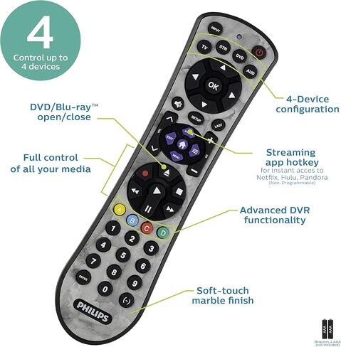 جهاز تحكم عن بعد عالمي، 4 أجهزة، للاستخدام مع Samsung، Vizio، LG، Sony، Sharp، Apple TV، HiSense، TCL، أجهزة التلفاز الذكية، مشغلات البث، Blu-ray، Marble، لمسة نهائية سهلة التنظيف، SRP4320M/27 من Philips in Saudi Arabia
