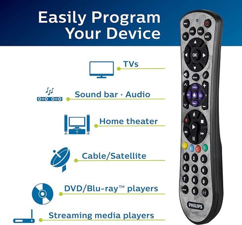 جهاز تحكم عن بعد عالمي، 4 أجهزة، للاستخدام مع Samsung، Vizio، LG، Sony، Sharp، Apple TV، HiSense، TCL، أجهزة التلفاز الذكية، مشغلات البث، Blu-ray، Marble، لمسة نهائية سهلة التنظيف، SRP4320M/27 من Philips in Saudi Arabia
