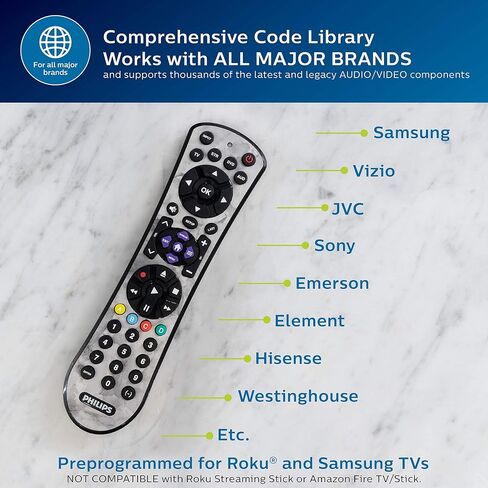 جهاز تحكم عن بعد عالمي، 4 أجهزة، للاستخدام مع Samsung، Vizio، LG، Sony، Sharp، Apple TV، HiSense، TCL، أجهزة التلفاز الذكية، مشغلات البث، Blu-ray، Marble، لمسة نهائية سهلة التنظيف، SRP4320M/27 من Philips in Saudi Arabia