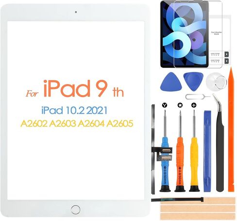لاستبدال شاشة iPad 9 2021، شاشة تعمل باللمس لجهاز iPad 9th Gen 10.2 بوصة A2602 A2603 A2604 A2605 لوحة زجاجية تعمل باللمس مع زر الصفحة الرئيسية وأدوات إصلاح (ليست LCD) in Kuwait