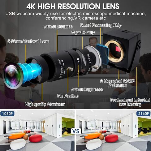 8MP 4K USB Camera, 2.8-12mm 4X Optical Manual Zoom Lens, 2160P Webcam, Plug and Play for OpenCV, Video Conference, Laptop, Raspberry Pi, Jetson Nano, Mac OS in Kuwait