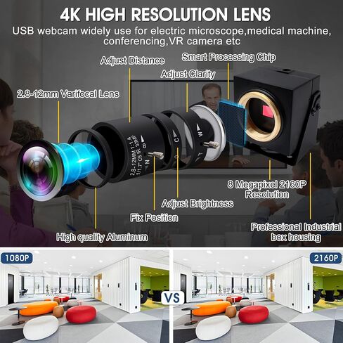 كاميرا ويب IFWAETR USB كاميرا ويب 4K مع عدسة تكبير بصري 2.8-12 مم 4X 2160P OpenCV كاميرا ويب للتكبير والتصغير عن قرب مع ميكروفون وكاميرا مؤتمرات للكمبيوتر والكمبيوتر المحمول Jetson Nano وRaspberry Pi in Kuwait