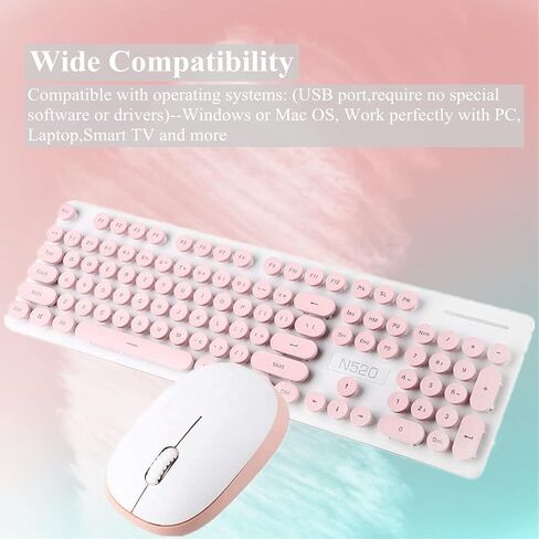 مجموعة لوحة مفاتيح وماوس لاسلكية من Yoidesu، مجموعات لوحة مفاتيح وماوس لاسلكية N520 2.4 جيجا هرتز، مفتاح دائري لطيف وجميل بالحجم الكامل، ملمس ميكانيكي، توفير ذكي للطاقة، هادئ (وردي) in Kuwait