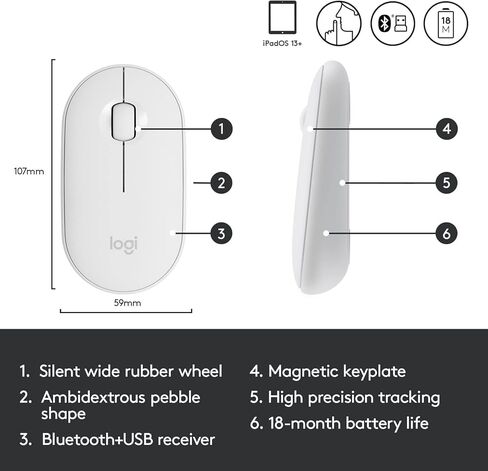 Logitech Pebble i345 Mouse - لاسلكي - بلوتوث - أبيض - 1000 نقطة في البوصة - عجلة التمرير - 3 أزرار (متجددة) in Kuwait