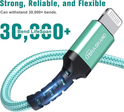 Tera Grand - Apple C89 MFi Certified Lightning to USB Braided Cable for iPhone 14/13/12/11 Pro Pro Max Plus Mini, SE XS Max XR X, 8/7/6 Plus, iPad, AirPods, 7 Ft Blue/Green in Kuwait
